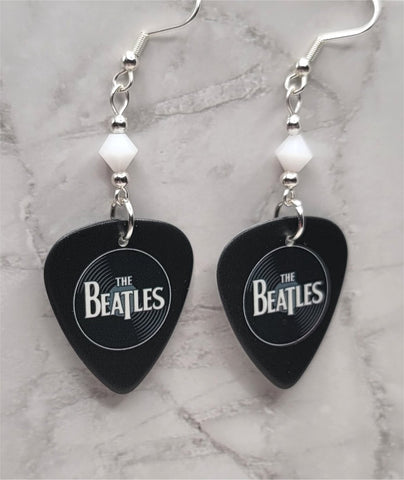 The Beatles Black Guitar Pick Earrings with White Alabaster Swarovski Crystals