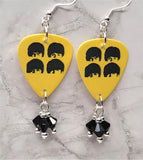 The Beatles Yellow Guitar Pick Earrings with Black Swarovski Crystal Dangles