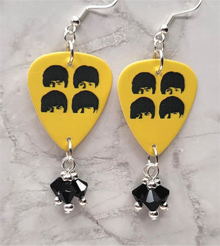The Beatles Yellow Guitar Pick Earrings with Black Swarovski Crystal Dangles