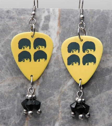 The Beatles Yellow Guitar Pick Earrings with Black Swarovski Crystal Dangles