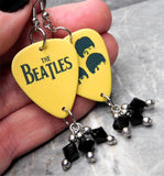 The Beatles Yellow Guitar Pick Earrings with Black Swarovski Crystal Dangles