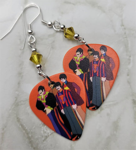 The Beatles Yellow Submarine Artwork Guitar Pick Earrings with Lime Green Swarovski Crystals