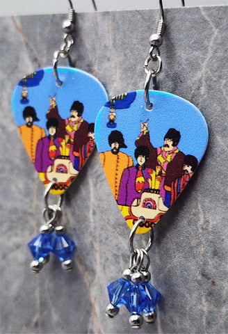 The Beatles Artwork Guitar Pick Earrings with Blue Swarovski Crystal Dangles