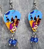 The Beatles Artwork Guitar Pick Earrings with Blue Swarovski Crystal Dangles