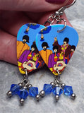 The Beatles Artwork Guitar Pick Earrings with Blue Swarovski Crystal Dangles