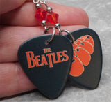 The Beatles Rubber Soul Guitar Pick Earrings with Red Swarovski Crystals