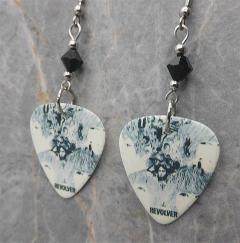 The Beatles Revolver Guitar Pick Earrings with Black Swarovski Crystals