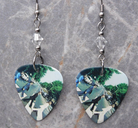 The Beatles Abbey Road Guitar Pick Earrings with Clear Swarovski Crystals