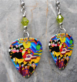 The Beatles Yellow Submarine Guitar Pick Earrings with Lime Green Swarovski Crystals