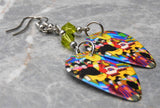 The Beatles Yellow Submarine Guitar Pick Earrings with Lime Green Swarovski Crystals