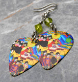 The Beatles Yellow Submarine Guitar Pick Earrings with Lime Green Swarovski Crystals
