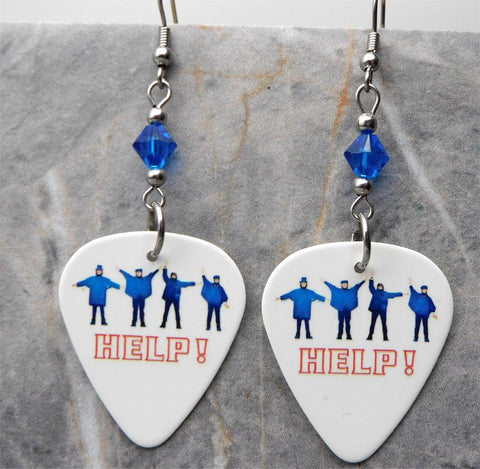 The Beatles Help Album Cover Guitar Pick Earrings with Capri Blue Swarovski Crystals