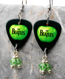 The Beatles Guitar Pick Earrings with Green Swarovski Crystal Dangles