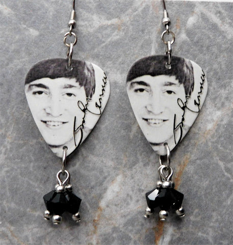 The Beatles John Lennon Guitar Pick Earrings with Black Swarovski Crystal Dangles