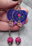 Beauty and The Beast Rose Guitar Pick Earrings with Fuchsia Pave Bead Dangles