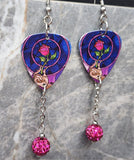Beauty and The Beast Rose Guitar Pick Earrings with Fuchsia Pave Bead Dangles