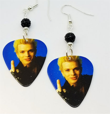 Billy Idol Giving The Finger Guitar Pick Earrings with Black Pave Beads