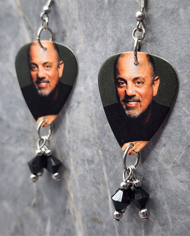 Billy Joel Guitar Pick Earrings with Black Swarovski Crystal Dangles