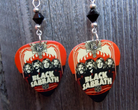 Black Sabbath Guitar Pick Earrings with Black Swarovski Crystals