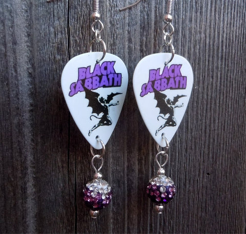Black Sabbath Master of Reality Guitar Pick Earrings with Purple Ombre Pave Bead Dangles