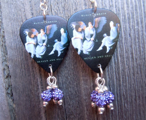 Black Sabbath Heaven and Hell Guitar Pick Earrings with Purple Violet Pave Bead Dangles