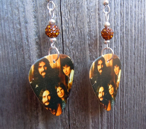 Black Sabbath Group Photo Guitar Pick Earrings with Brown Pave Beads