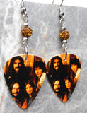 Black Sabbath Group Photo Guitar Pick Earrings with Brown Pave Beads