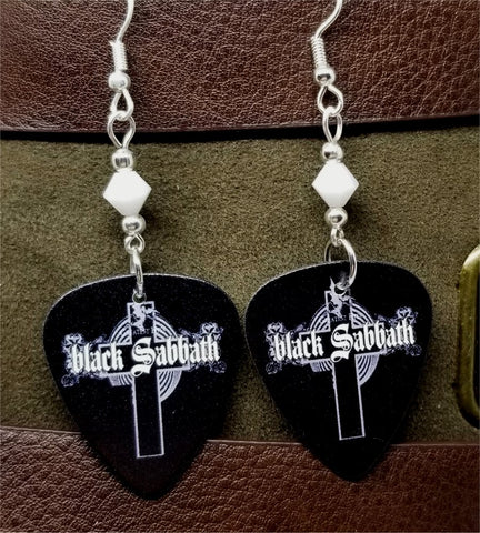 Black Sabbath Greatest Hits Guitar Pick Earrings with White Swarovski Crystals