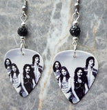 Black Sabbath Group Picture Guitar Pick Earrings with Black Pave Beads