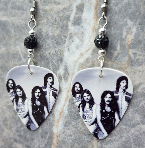 Black Sabbath Group Picture Guitar Pick Earrings with Black Pave Beads
