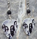 Black Sabbath Group Picture Guitar Pick Earrings with Black Pave Beads