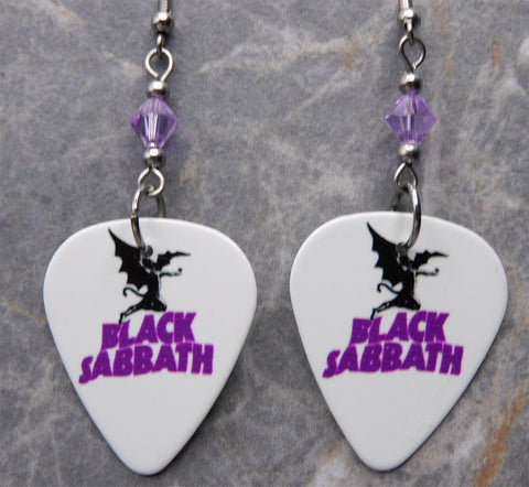 Black Sabbath Master of Reality Guitar Pick Earrings with Violet Swarovski Crystals