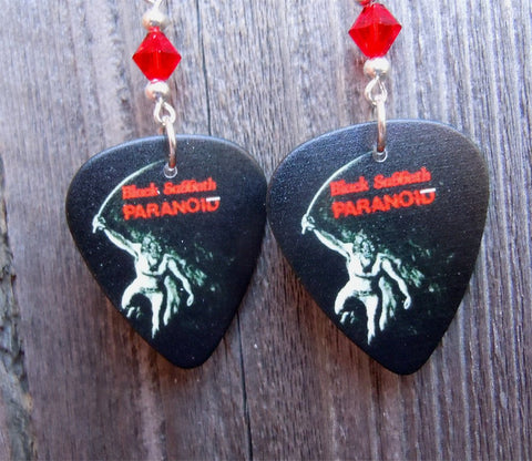 Black Sabbath Paranoid Guitar Pick Earrings with Red Swarovski Crystals