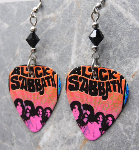 Black Sabbath Guitar Pick Earrings with Black Swarovski Crystals