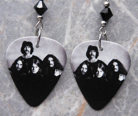 Black Sabbath Guitar Pick Earrings with Black Swarovski Crystals
