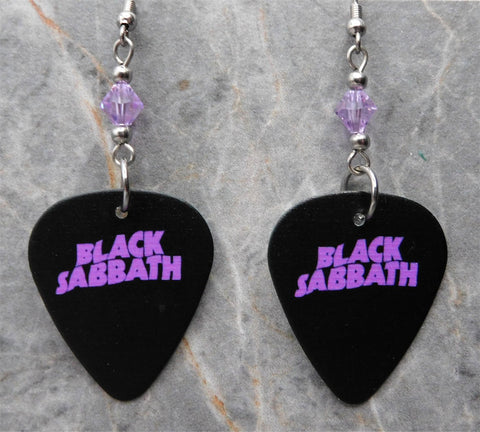 Black Sabbath Master of Reality Art Guitar Pick Earrings with Violet Swarovski Crystals