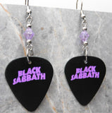 Black Sabbath Master of Reality Art Guitar Pick Earrings with Violet Swarovski Crystals
