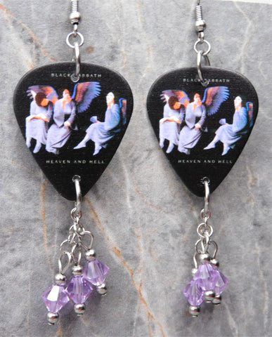 Black Sabbath Heaven and Hell Guitar Pick Earrings with Violet Swarovski Crystal Dangles