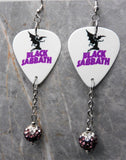 Black Sabbath Master of Reality Guitar Pick Earrings with Purple Ombre Pave Bead Dangles