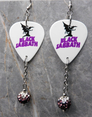 Black Sabbath Master of Reality Guitar Pick Earrings with Purple Ombre Pave Bead Dangles