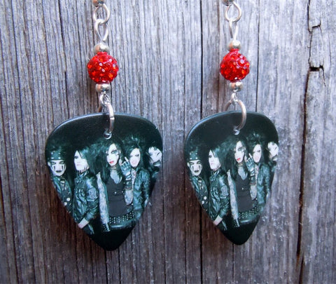 Black Veil Brides Group Photo Guitar Pick Earrings with Red Pave Beads