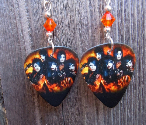 Black Veil Brides Group Picture Guitar Pick Earrings with Orange Swarovski Crystals