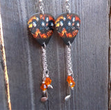 Black Veil Brides Guitar Pick Earrings with Music Note Charm and Orange Swarovski Crystal Dangles