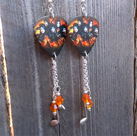 Black Veil Brides Guitar Pick Earrings with Music Note Charm and Orange Swarovski Crystal Dangles