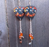 Black Veil Brides Guitar Pick Earrings with Music Note Charm and Orange Swarovski Crystal Dangles