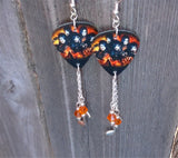 Black Veil Brides Guitar Pick Earrings with Music Note Charm and Orange Swarovski Crystal Dangles