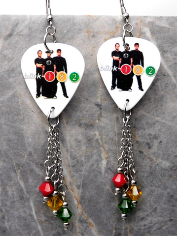 Blink 182 Group Picture Guitar Pick Earrings with Swarovski Crystal Dangles