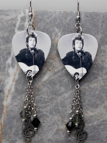 Bob Dylan Guitar Pick Earrings with Stainless Steel Clef Charms and Swarovski Crystal Dangles