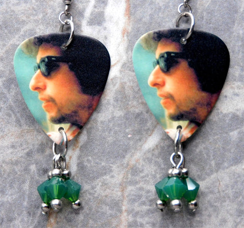 Bob Dylan Guitar Pick Earrings with Green Opal Swarovski Crystal Dangles