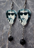 Bob Dylan Guitar Pick Earrings with Black Pave Bead Dangles